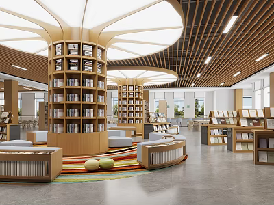 Modern Library Interior With Circular Bookshelves And Seating 3d model