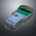 Handheld Device With Silver Metal Casing Green Panel Buttons And Portable Clip
