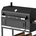 Outdoor Black Grill with Burgers Sausages and Bread Wine Bottle Firewood and Cooking Utensils