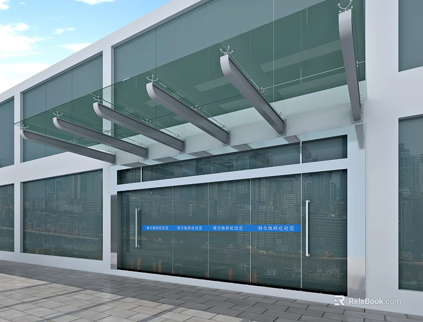 Modern Architectural Glass Canopy For Building Entrance With Metal Support Structure 3d model 