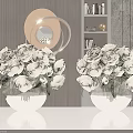 Two Glass Vases With White Roses Flowers On Reflective Table Modern Striped Wall Round Lamp