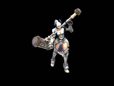 Game Character In Blue And White Armor Wielding Large Hammer With Combat Stance 3d model