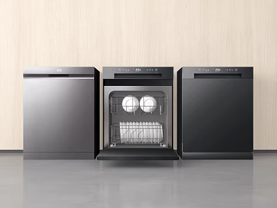 Three Black Kitchen Dishwashers Featuring Open Middle Door With Bowls And Dish Rack Inside 3d model