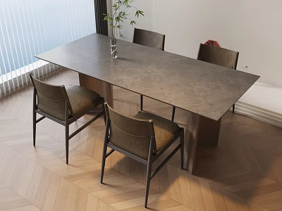 Minimalist Dining Table With Four Chairs And Green Plant Vase On Herringbone Wooden Floor 3d model