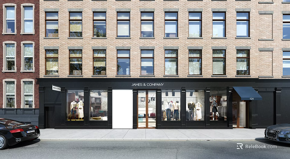 James & Company Storefront Facade Of Brick Building With Large Windows And Mannequin Displays 3d model 