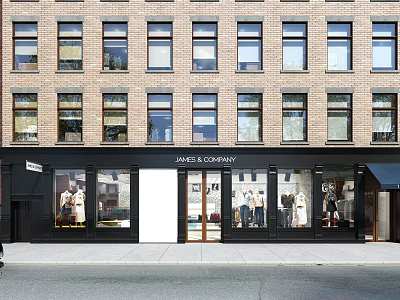 James & Company Storefront Facade Of Brick Building With Large Windows And Mannequin Displays 3d model