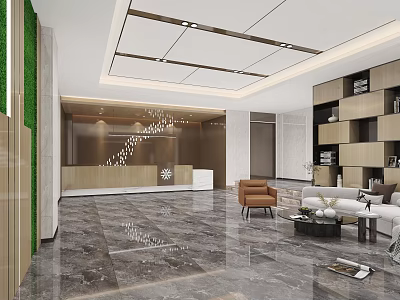 Modern Hotel Lobby Interior Design With Reception Desk Sofa Armchairs And Marble Floor 3d model