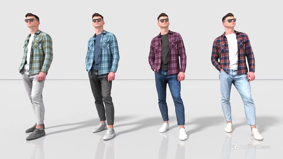 Men's Fashion Style With Various Plaid Shirts Jeans And Casual Pants Outfits 3d model 