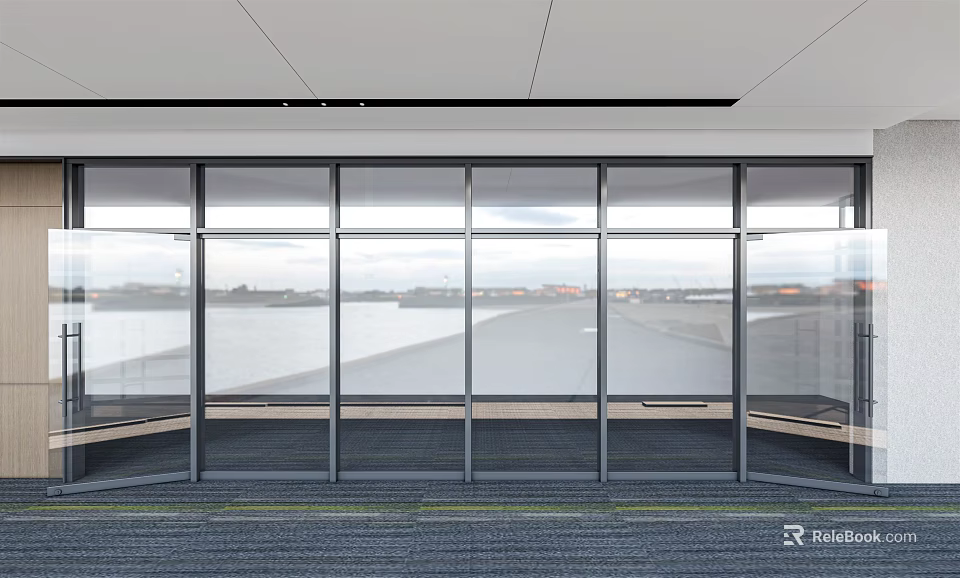 Modern Office Interior With Glass Partition And Large Windows Carpeted Floor 3d model 