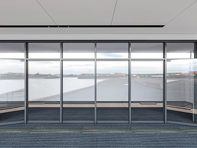 Modern Office Interior With Glass Partition And Large Windows Carpeted Floor 3d model