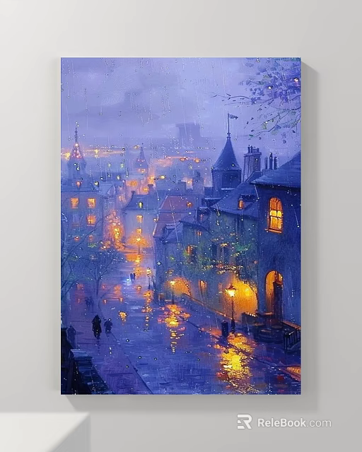 European Town Rainy Night Landscape Painting With Spired Buildings Wet Streets Lit Windows And Pedestrians 3d model 