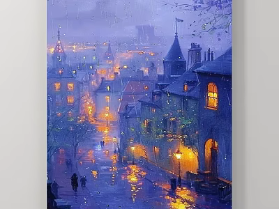 European Town Rainy Night Landscape Painting With Spired Buildings Wet Streets Lit Windows And Pedestrians 3d model
