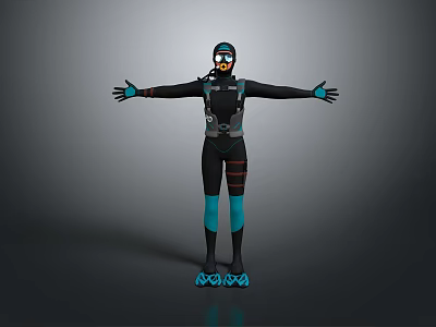 Scuba Diver Wearing Black Wetsuit With Blue Accents And Diving Gear 3d model