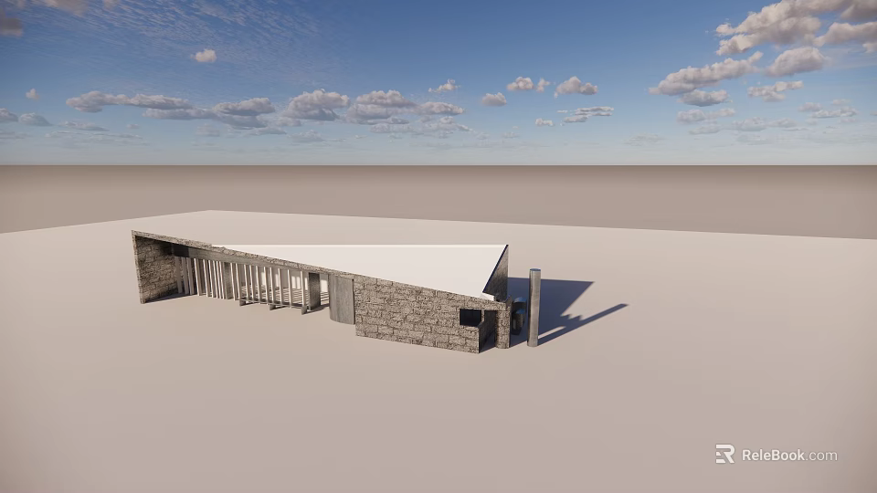 Modern Stone Building With Flat Roof And Large Windows In Open Landscape 3d model 