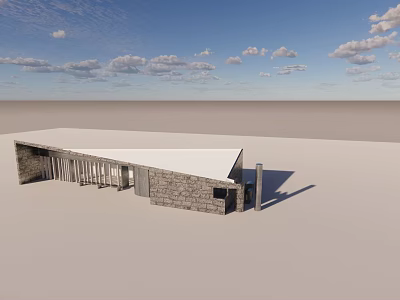 Modern Stone Building With Flat Roof And Large Windows In Open Landscape 3d model