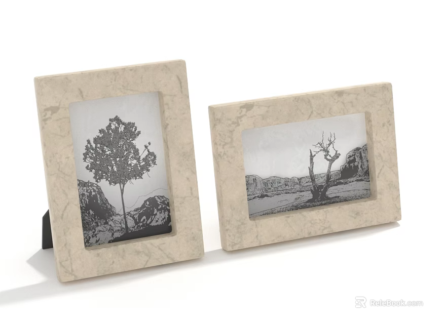 Two Beige Photo Frames with Marble Texture Displaying Tree and Mountain Landscape Prints 3d model 