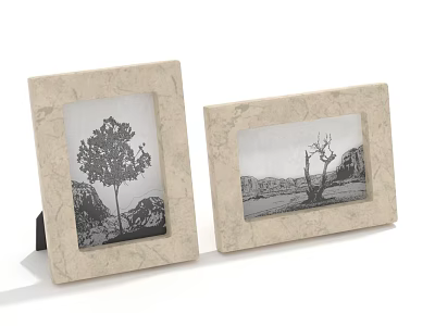 Two Beige Photo Frames with Marble Texture Displaying Tree and Mountain Landscape Prints 3d model