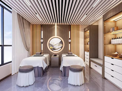 SPA Sauna Interior Design With Massage Beds Circular Decorative Painting And Wooden Walls 3d model