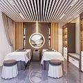 SPA Sauna Interior Design With Massage Beds Circular Decorative Painting And Wooden Walls