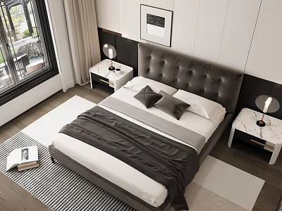 Modern Minimalist Bedroom Interior With Tufted Headboard Bed Bedside Tables Table Lamps And Window Curtains 3d model