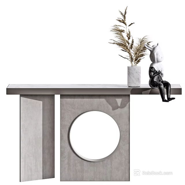 Modern Gray Console Table With Potted Plant Sculpture And Circular Design 3d model 