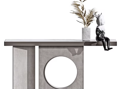 Modern Gray Console Table With Potted Plant Sculpture And Circular Design 3d model