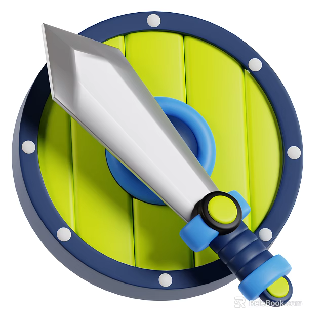 Colorful Weapon Design with Silver Sword Blue Black Handle and Green Shield White Dots 3d model 