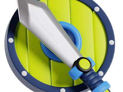 Colorful Weapon Design with Silver Sword Blue Black Handle and Green Shield White Dots 3d model