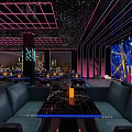 Modern Bar Interior With Neon Decor City Skyline View And Blue Lighting