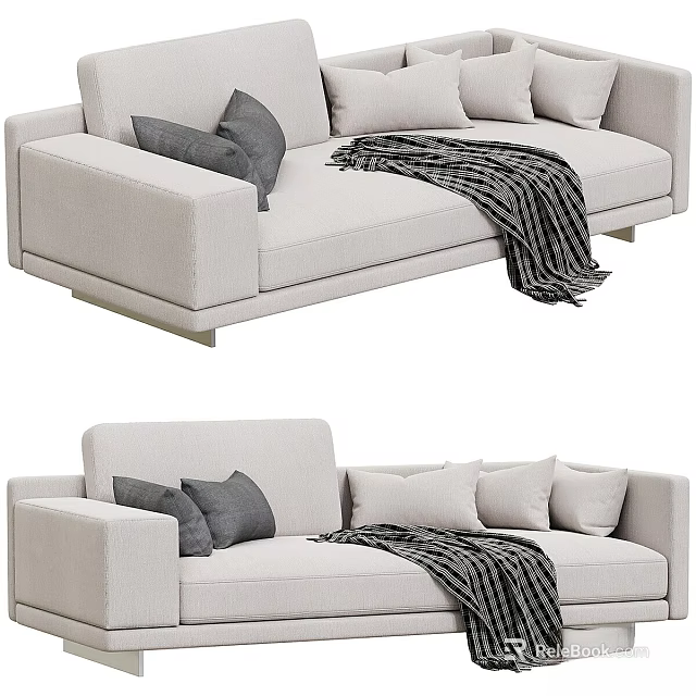 Light Beige Sectional Sofa With Gray Cushions And Striped Throw Blanket 3d model