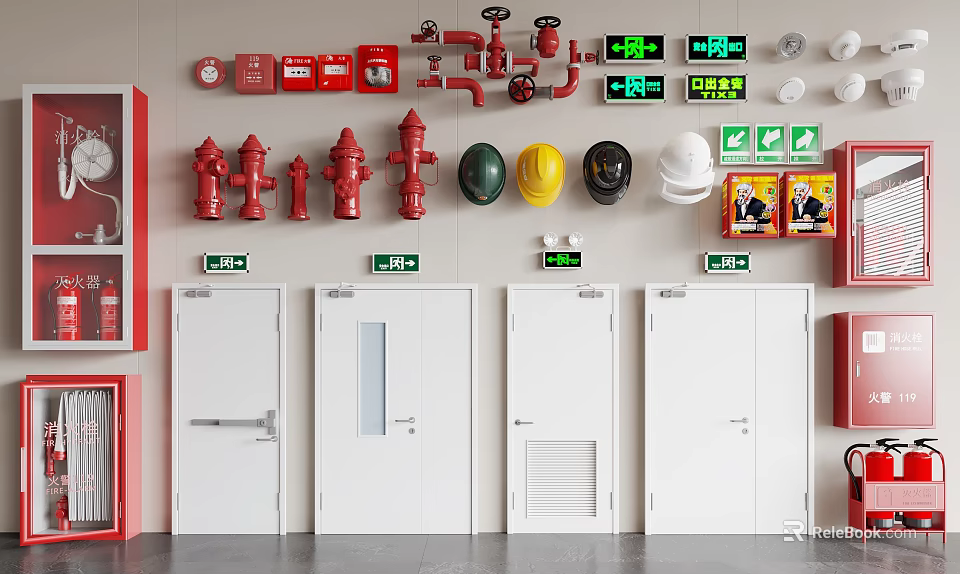 Comprehensive Display of Fire Equipment Including Hydrants Extinguishers Helmets Exit Signs and Doors 3d model 