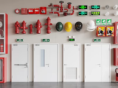 Comprehensive Display of Fire Equipment Including Hydrants Extinguishers Helmets Exit Signs and Doors 3d model