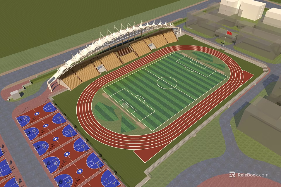 Sports Fitness Stadium With Running Track Football Field And Basketball Courts 3d model 