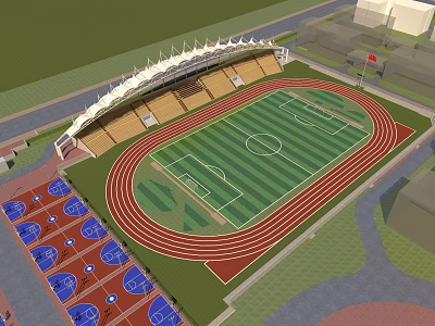 Sports Fitness Stadium With Running Track Football Field And Basketball Courts 3d model