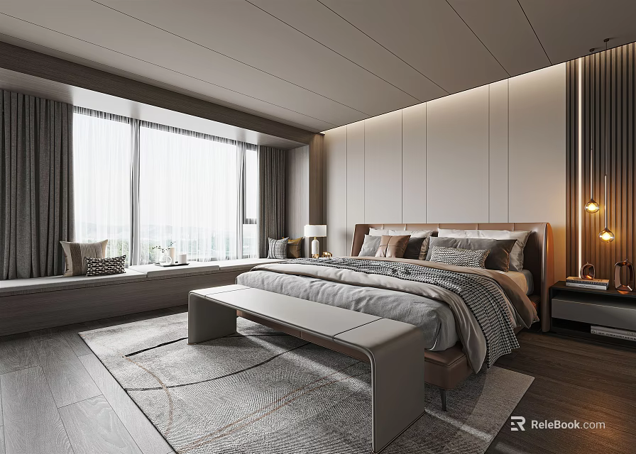 Modern Bedroom Interior Design With Large Window Curtains Bed Bench Rug And Table Lamp 3d model 