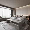 Modern Bedroom Interior Design With Large Window Curtains Bed Bench Rug And Table Lamp