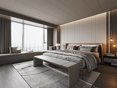 Modern Bedroom Interior Design With Large Window Curtains Bed Bench Rug And Table Lamp 3d model