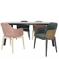 Modern Dining Table Set With Upholstered Chairs In Pink Brown Green And Black Rectangular Tabletop 3d model