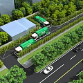 Aerial View of Urban Road With Green Trucks Trees and Buildings