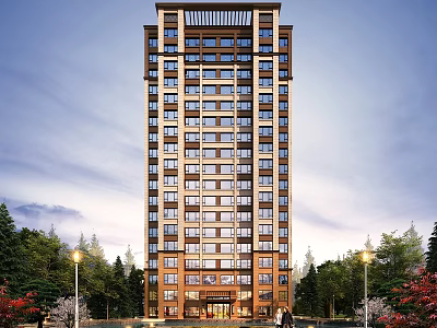 Tall Modern Residential Building Exterior Design With Windows Trees And Street Lamps 3d model