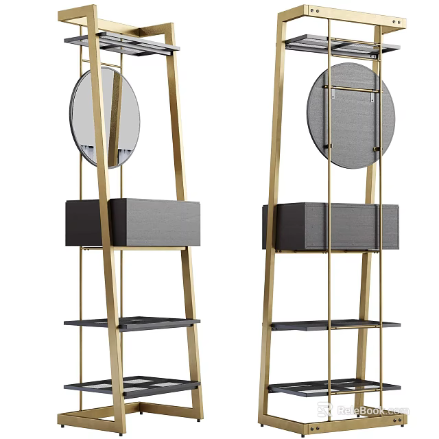 Elegant Modern Storage Shelf With Gold Metal Frame Black Shelves And Round Mirror Decor 3d model 