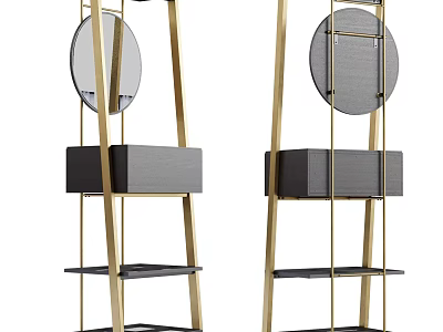 Elegant Modern Storage Shelf With Gold Metal Frame Black Shelves And Round Mirror Decor 3d model