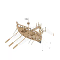 Ancient Wooden Ship With Wooden Oars Round Shields Mast Flag And Ropes