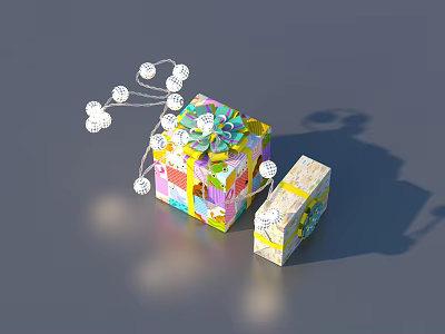 Colorful Decorative Gift Boxes With Bow Ribbons And String Lights Decoration 3d model