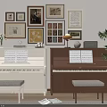 Piano Room Interior With White And Brown Pianos Framed Artworks Stools And Plant