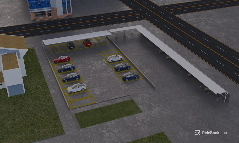 Covered Parking Lot With Multiple Cars Yellow Lines And Roadside Setting 3d model 