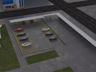 Covered Parking Lot With Multiple Cars Yellow Lines And Roadside Setting 3d model