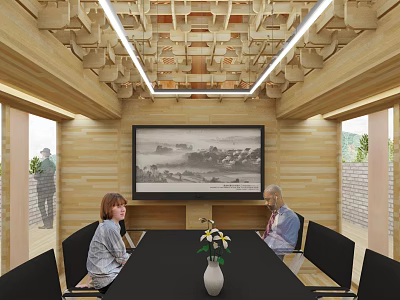 Spacious Meeting Room With Wooden Ceiling Lighting Strips Large Screen And Long Table With Vase 3d model