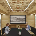 Spacious Meeting Room With Wooden Ceiling Lighting Strips Large Screen And Long Table With Vase