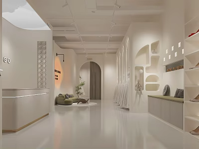 Modern Minimalist Bridal Shop Interior With Arched Design Reception Desk And Wedding Dress 3d model